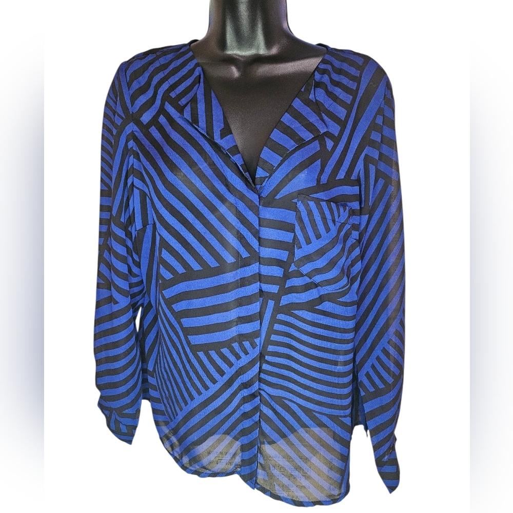 Metaphor Blue Black Stripe Geometric Sheer Long Sleeve Blouse Large NWT
